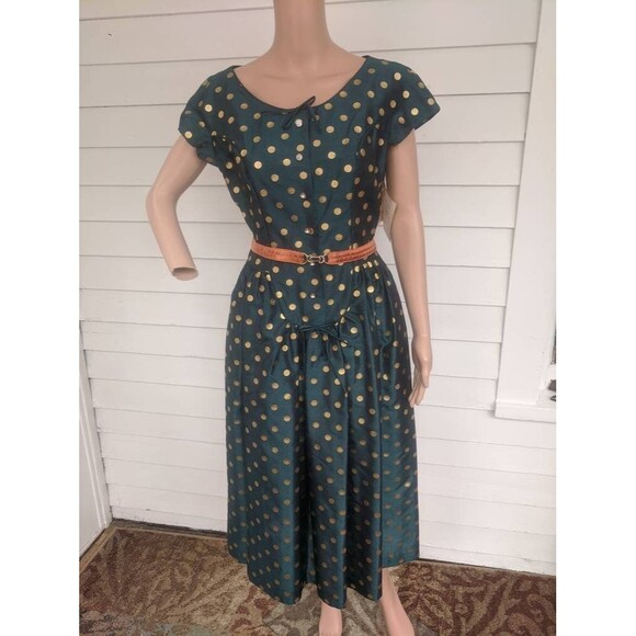 50s Dark Green Gold Polka Dot Dress Vintage Shirley Lee S M 36 28 New Old Stock - Picture 6 of 10